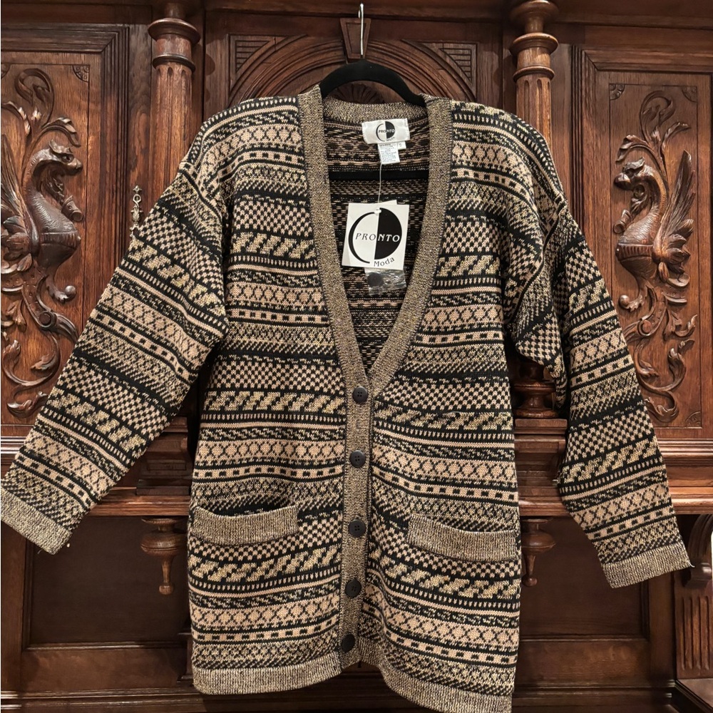Pronto Black Metallic Gold Patterned Cardigan